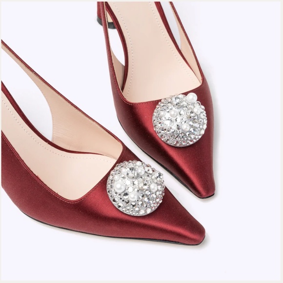 348. RODO Italy Karyn 80 Satin Pump Pomegranate Slingback Heel Jeweled $920 NEW - Picture 5 of 6